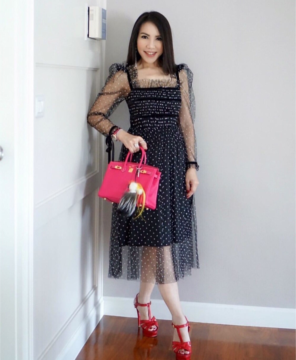 เดรสเกาหลี พร้อมส่ง เดรสยาว ผ้าตาข่ายมีลายจุด
