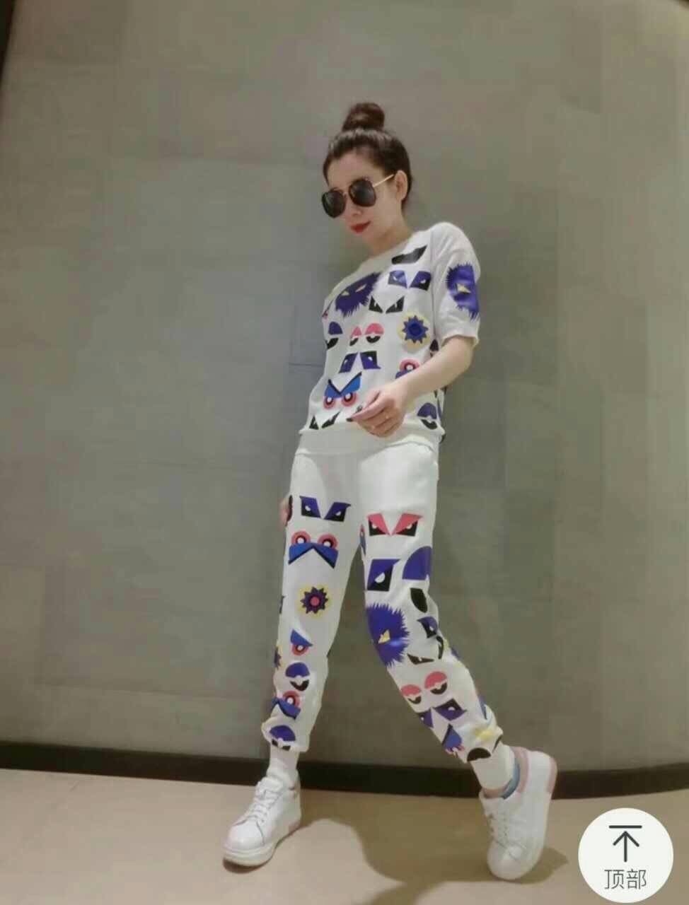 เสื้อผ้าเกาหลี พร้อมส่ง เสื้อ+กางเกงขายาว ลาย Fendi