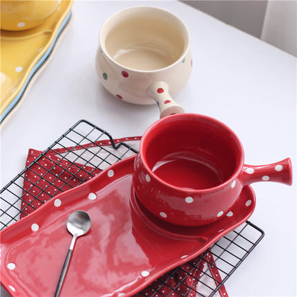 Pre-Order ชามทรงหม้อ ชามมาม่า ซุป ก๋วยเตี๋ยว พร้อมถาดรอง ใส่ขนมได้ ลายจุด Polka Dot น่ารักๆ มีให้เลือก 6 สี