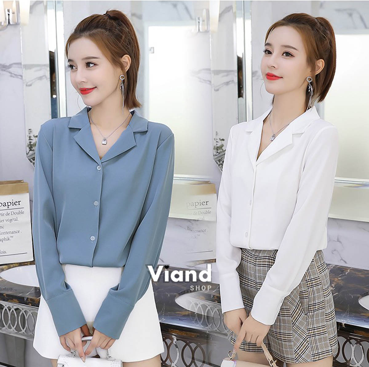 เสื้อเกาหลี พร้อมส่ง เสื้อคอปก กระดุมหน้า