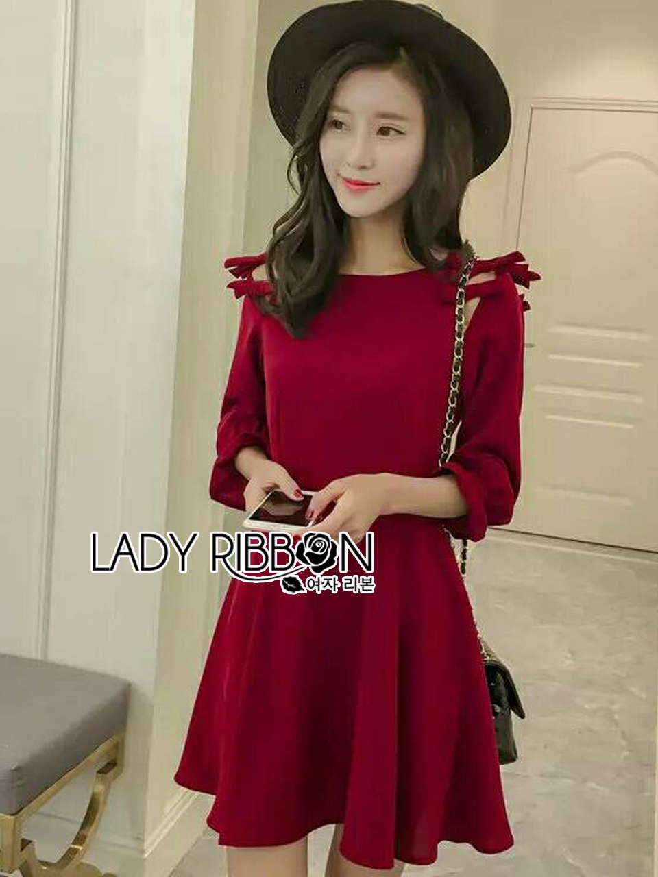 พร้อมส่ง มินิเดรสสีแดงเบอร์กันดีตกแต่งโบ