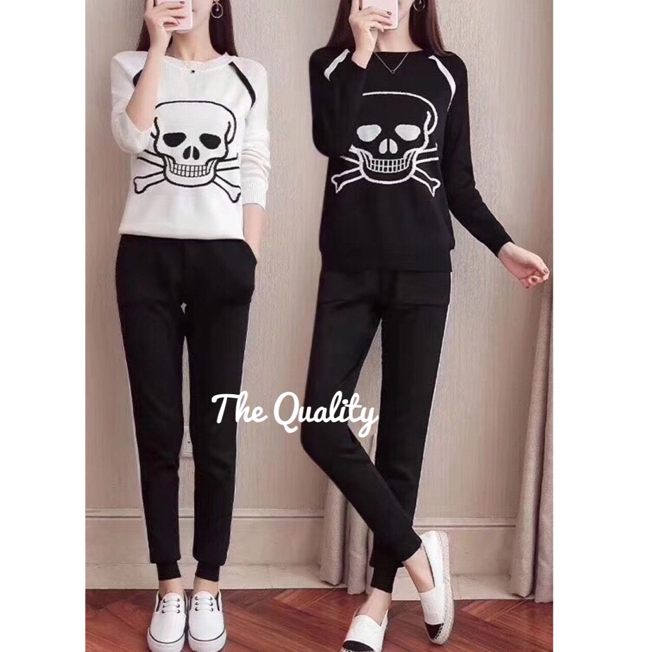 เสื้อผ้าเกาหลี พร้อมส่ง Set ไหมพรมคอกลม ลายกระโหลก