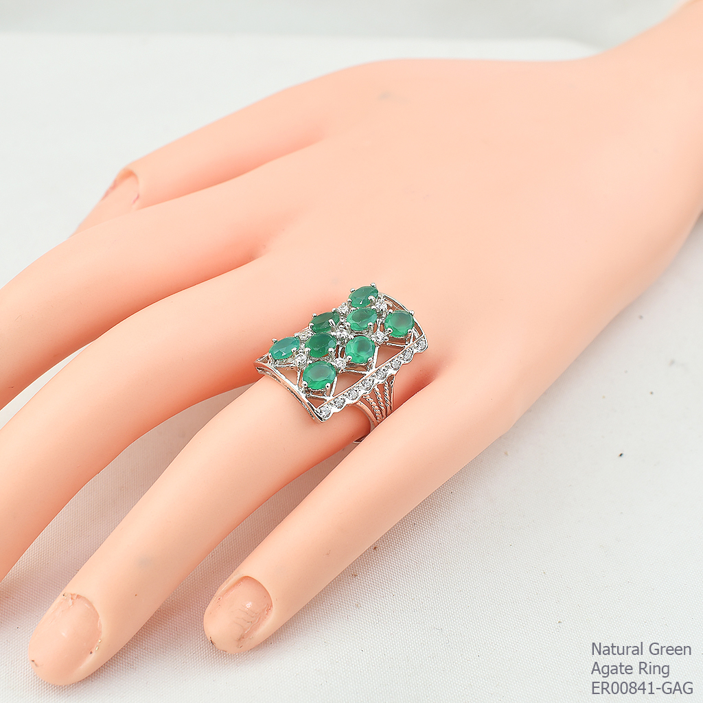 SKJewelryFactory แหวนหน้าสี่เหลี่ยม พลอยกรีนอะเกทแท้ เหมาะใส่นิ้วกลางหรือนิ้วนาง ER00841-GAG