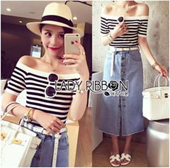 พร้อมส่ง เซ็ตเสื้อลายทางเปิดไหล่