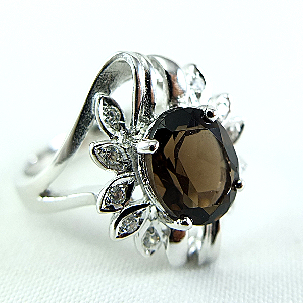 SKJewelryFactory แหวนเงินแท้ 92.5% ฝังพลอยสโมกกี้ควอทซ์แท้ ER00797-SMQ
