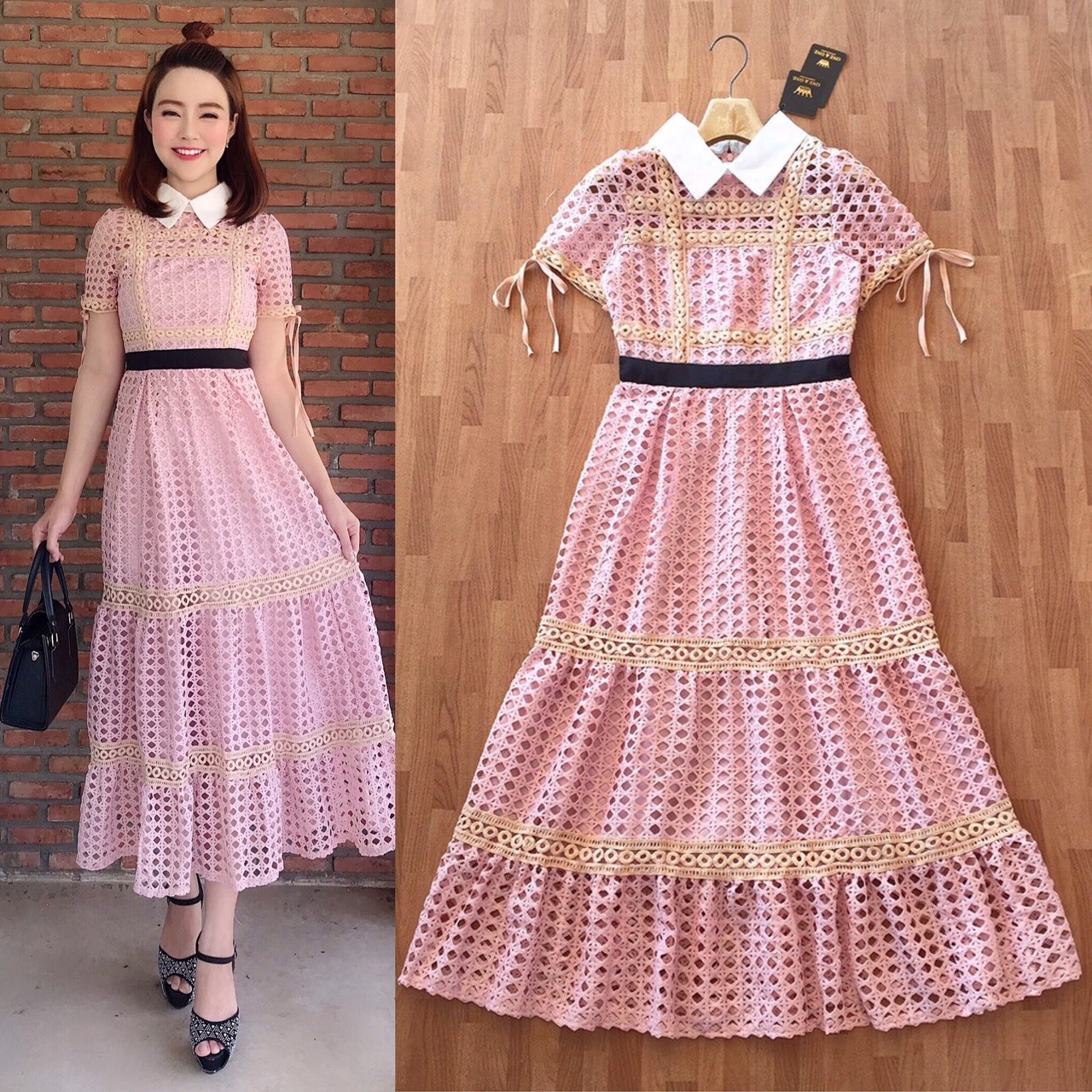 ชุดเดรสเกาหลี พร้อมส่ง Maxi Dress คอปก เนื้อผ้าลูกไม้