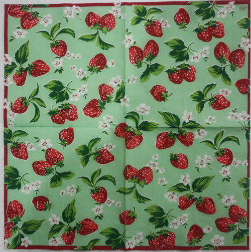 แนวภาพ Cath Kidston สตอเบอร์รี่ ผลไม้ พื้นเขียว เป็นภาพกระจายเต็มแผ่น กระดาษแนพกิ้นสำหรับทำงาน เดคูพาจ Decoupage Paper Napkins ขนาด 33X33cm