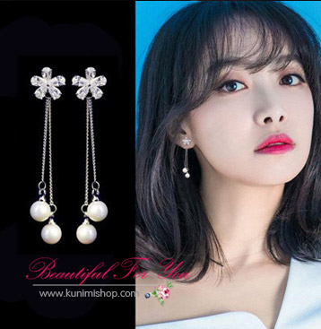 SK003 ต่างหูแฟชั่น ตุ้มหู สวยหรู ประดับด้วยเพชร และมุข แบบยาว