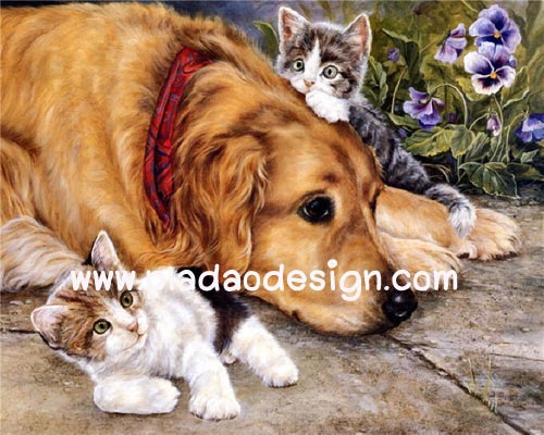 กระดาษสาพิมพ์ลาย สำหรับทำงาน เดคูพาจ Decoupage แนวภาพ 2 เหมียวน้อยหลงแม่ มาอยู่กะพี่หมาตัวใหญ่