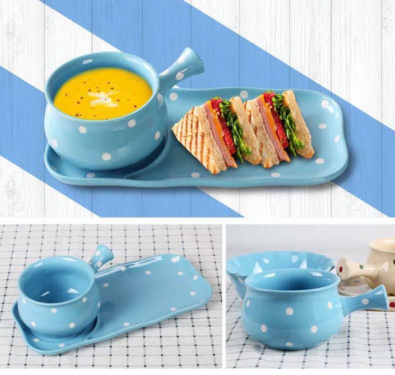 Pre-Order ชามทรงหม้อ ชามมาม่า ซุป ก๋วยเตี๋ยว พร้อมถาดรอง ใส่ขนมได้ ลายจุด Polka Dot น่ารักๆ มีให้เลือก 6 สี