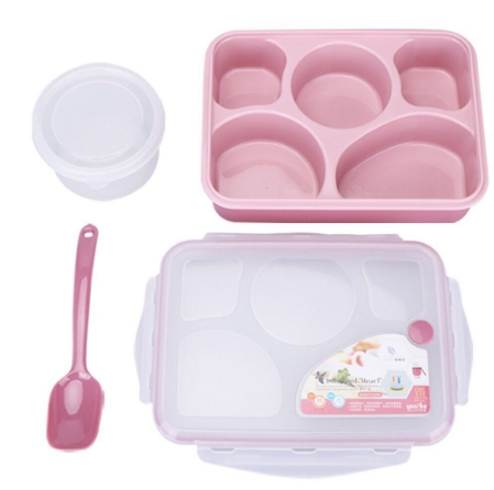 กล่องข้าว กล่องใส่อาหาร กล่องใส่อาหารพกพา และอุ่นในไมโครเวฟได้ กล่องข้าวแบบ 5 ช่อง มาพร้อมกระปุกใส่ซุปและช้อน