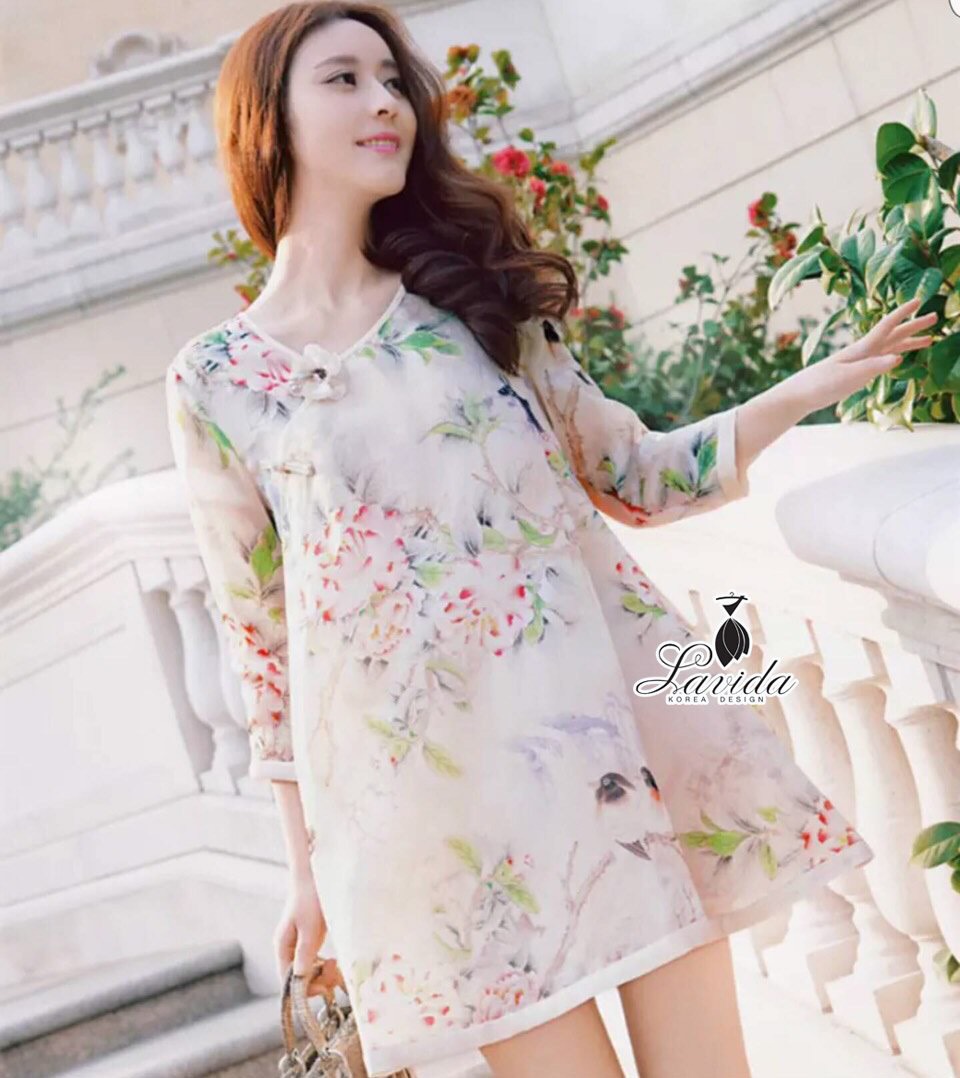พร้อมส่ง เดรสทรงปล่อย ดีไซน์ผ้าพิมพ์ลายดอกไม้สีอ่อน