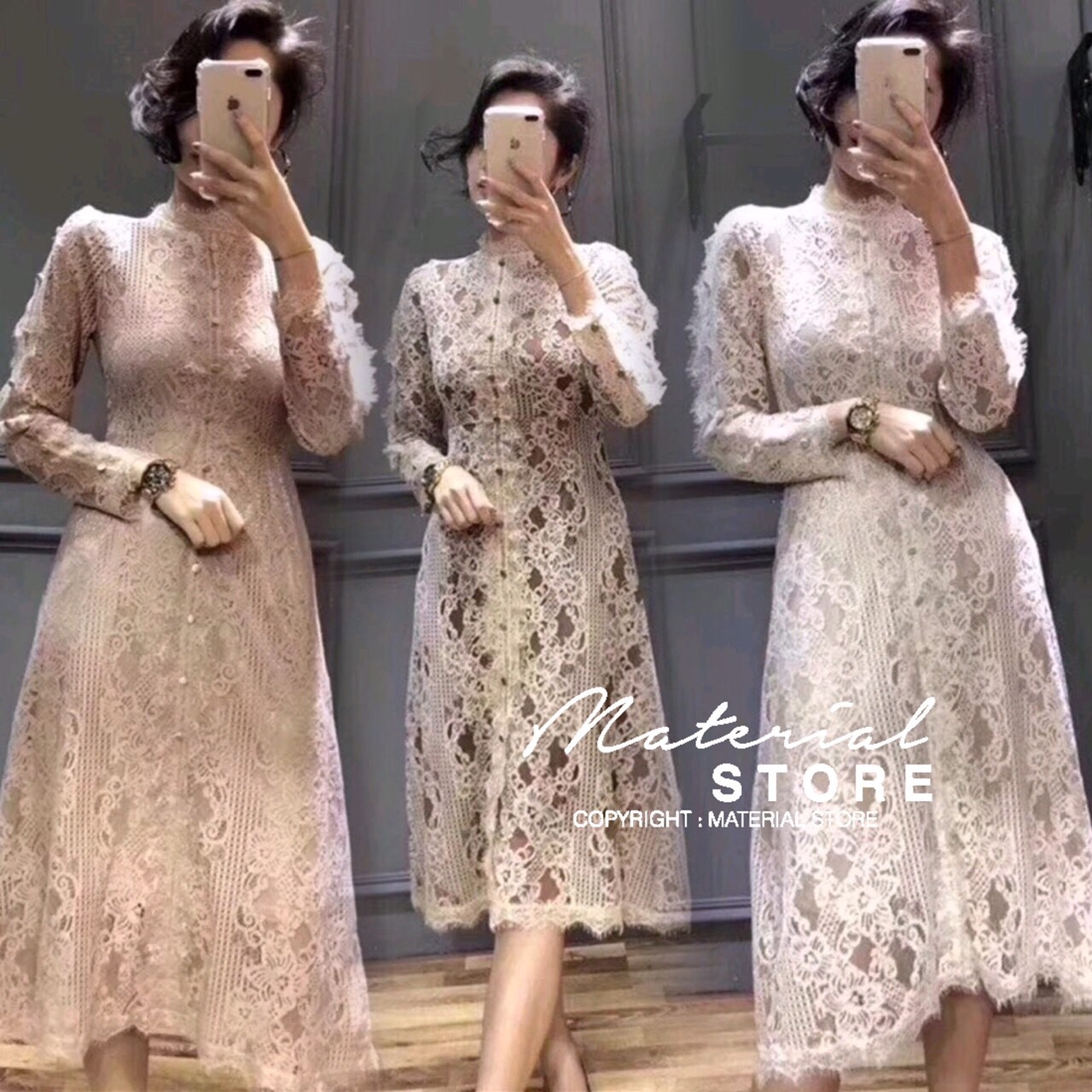 ชุดเดรสลูกไม้ พร้อมส่ง เดรสยาว เนื้อผ้าลูกไม้แต่งกระดุมหน้า