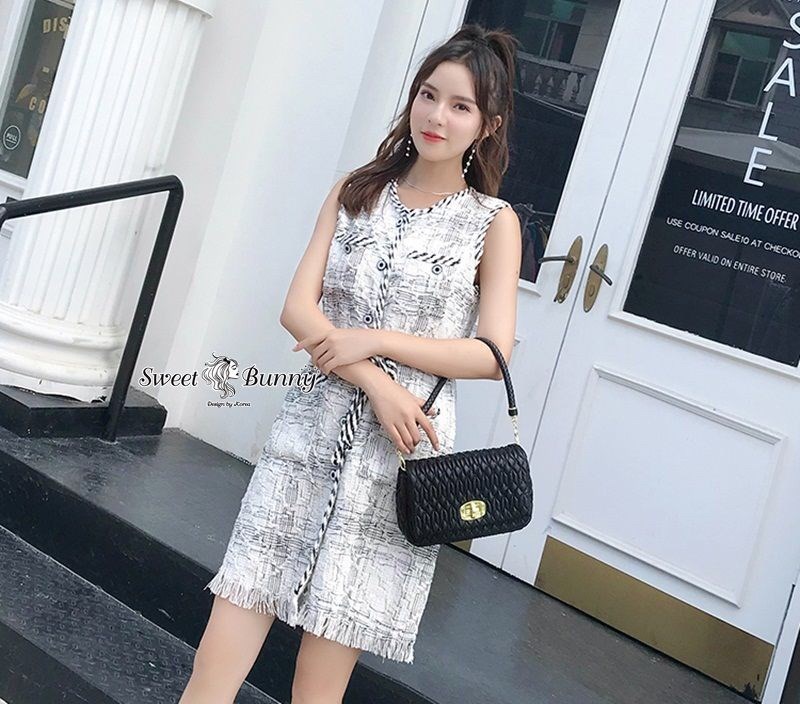ชุดเดรสเกาหลี พร้อมส่ง ชุดเดรส Chanel ลายตาราง