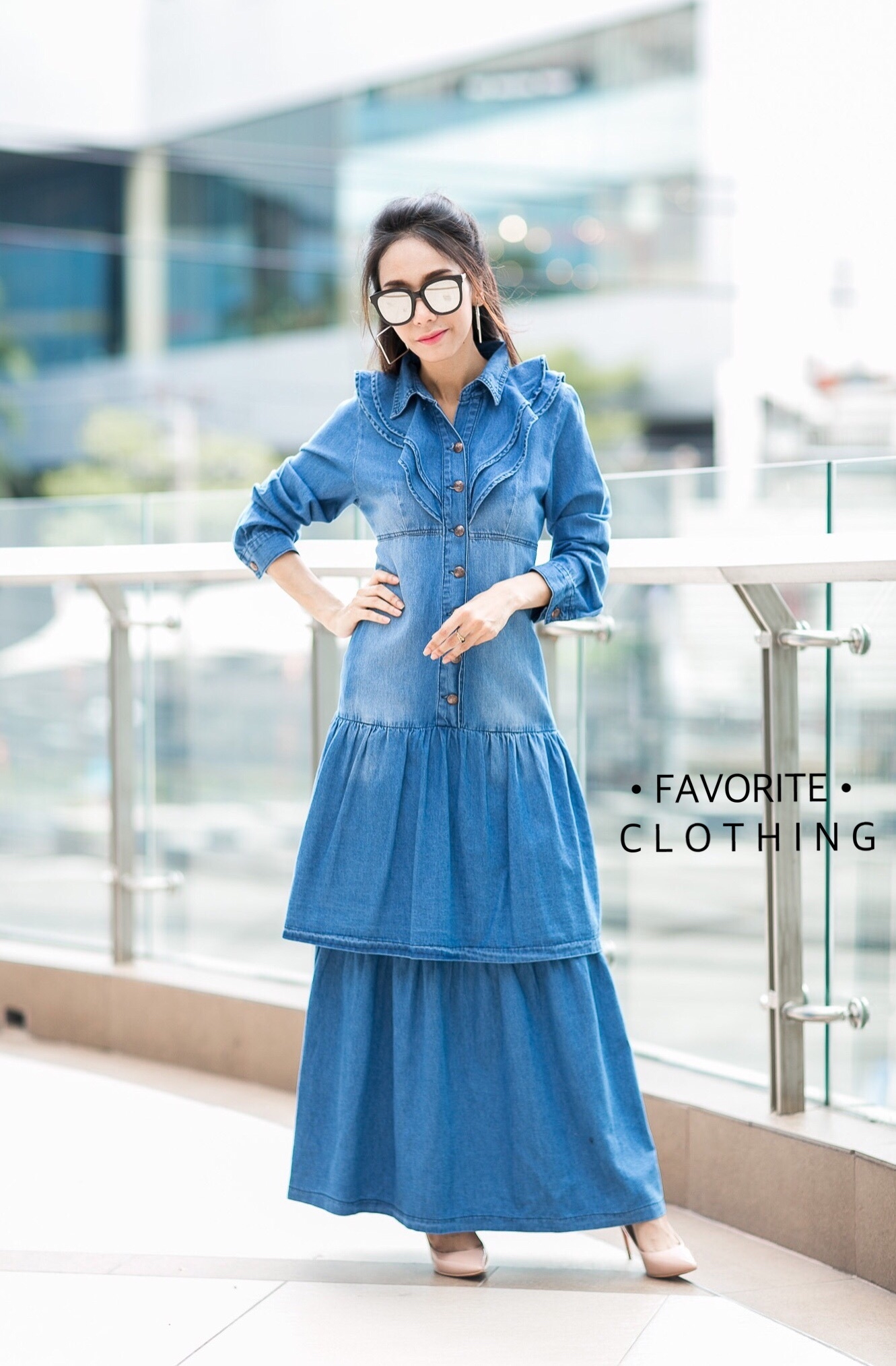 ชุดเดรสเกาหลี พร้อมส่ง Maxi Dress ยีนส์ระบาย