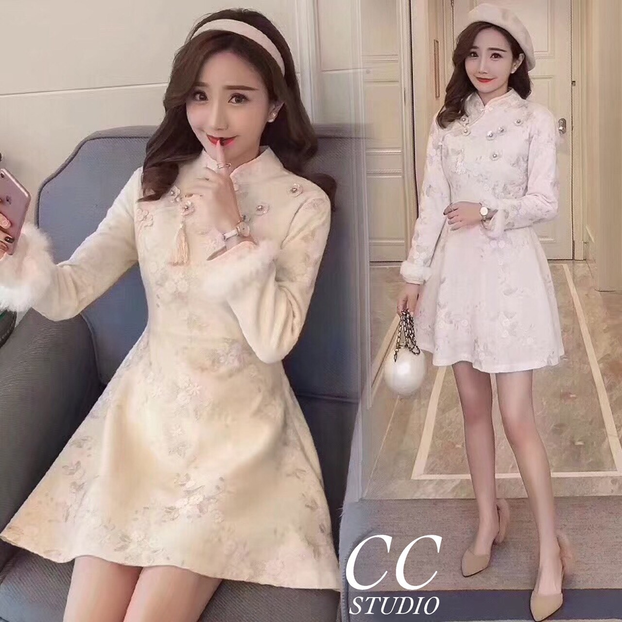 เดรสเกาหลี พร้อมส่ง เดรสคอจีน ช่วงอกปักดอกไม้คริสตัล