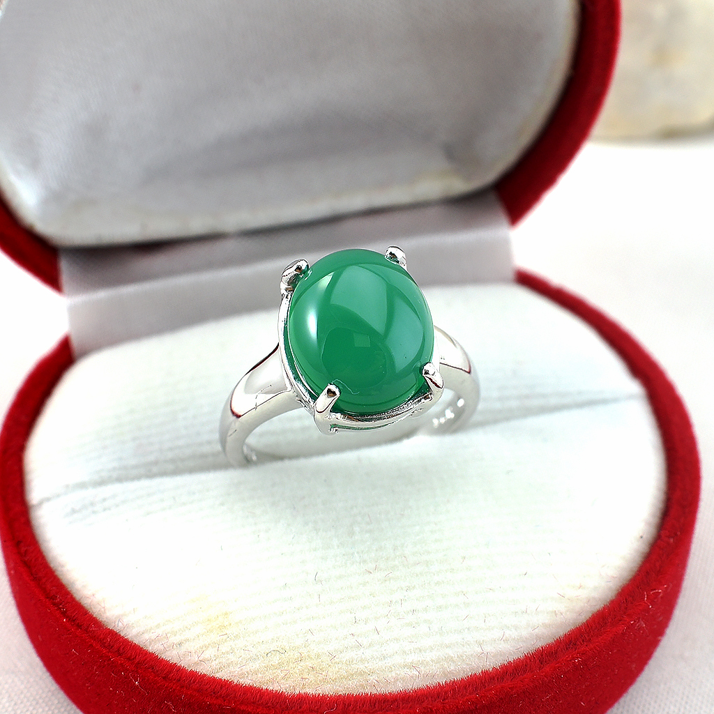 SKJewelryFactory แหวนเม็ดเดี่ยว พลอยเม็ดใหญ่ แหวนเงินแท้ 92.5% ฝังพลอยกรีนอะเกทแท้ ER02400-GAC