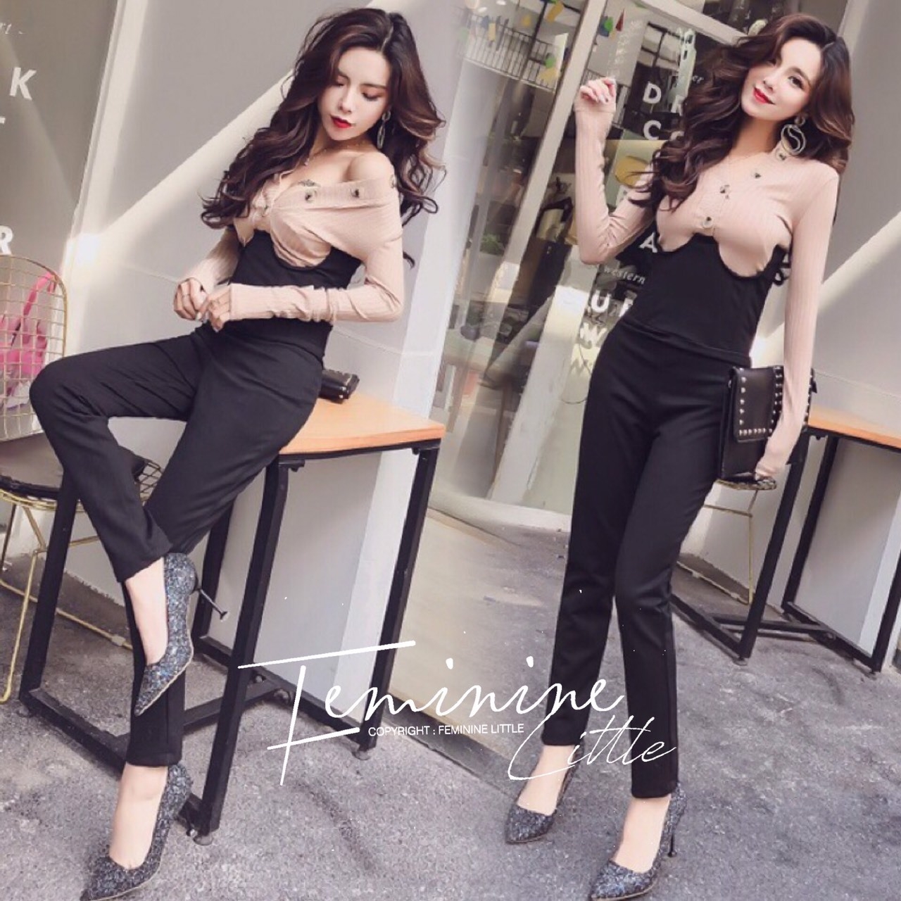 เสื้อผ้าเกาหลี พร้อมส่ง เสื้อไหมพรม + กางเกงเอวสูง