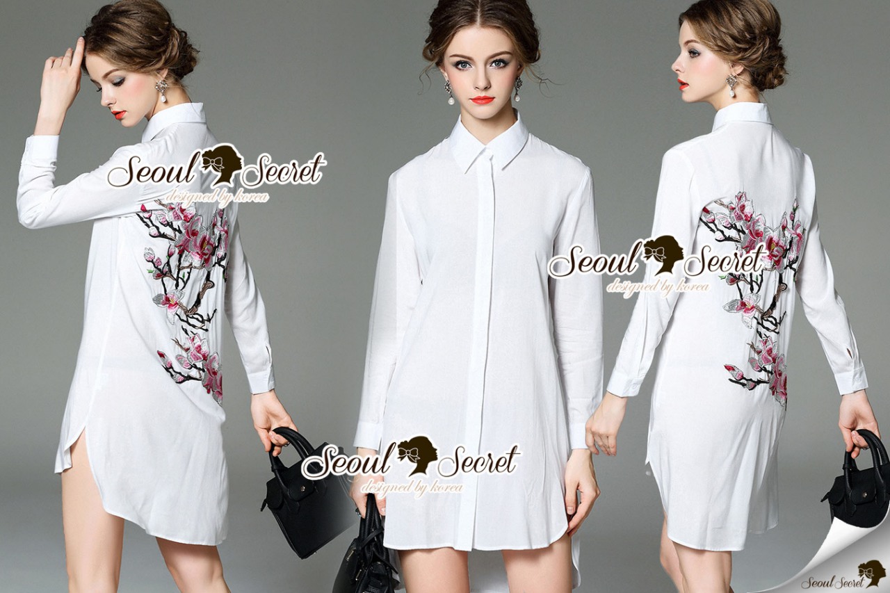 พร้อมส่ง เสื้อเชิ้ตตัวยาว แต่งเป็นลายดอกซากุระที่ด้านหลัง