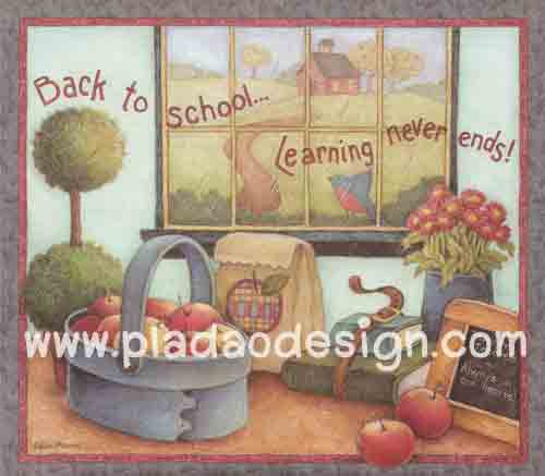 กระดาษอาร์ตพิมพ์ลาย สำหรับทำงาน เดคูพาจ Decoupage แนวภาำพ หวานๆซอฟท์ๆ back to school Learning Never Ends แอปเปิ้ล ในตระกร้าริมหน้าต่าง มีนกน้อยเกาะอยู่ข้างๆ (ปลาดาวดีไซน์)