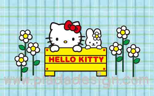 กระดาษสาพิมพ์ลาย สำหรับทำงาน เดคูพาจ Decoupage แนวภาำพ hello kitty กับน้องกระต่าย ยืนหลังป้ายชื่อไม้ Hello Kitty สีเหลือง มีดอกไม้อยู่ข้างๆ พื้นหลังสก๊อตสีฟ้า (ปลาดาวดีไซน์)