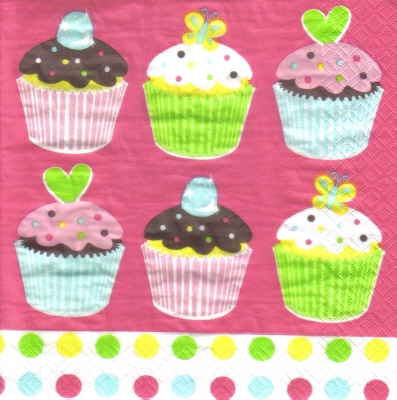 แนวภาพเคัก คัพเค้ก Cupcake การ์ตูน พื้นชมพู เป็นภาพแนวยาว กระดาษแนพกิ้นสำหรับทำงาน เดคูพาจ Decoupage Paper Napkins ขนาด 33X33cm