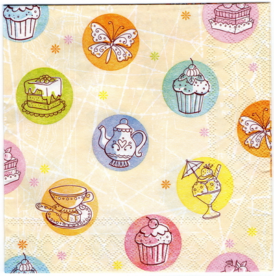 แนวภาพเค้ก cup cake น้ำชา ไอศกรีม เป็นภาพกระจายเต็มแผ่น กระดาษแนพกิ้นสำหรับทำงาน เดคูพาจ Decoupage Paper Napkins ขนาด 33X33cm