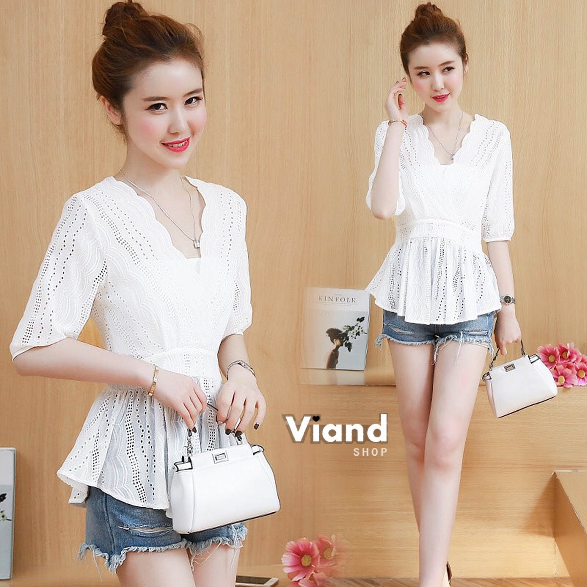 เสื่อเกาหลี พร้อมส่ง เสื้อทรงสวย ผ้าลายฉลุ คอทวิช