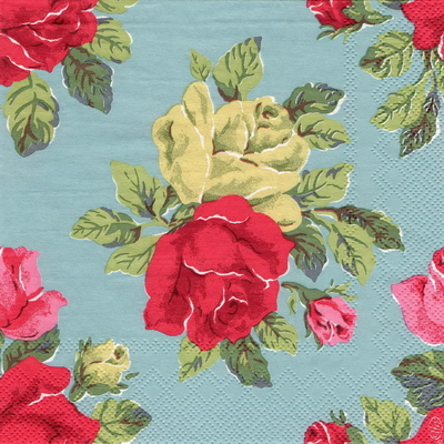 แนวภาพดอกไม้ Cath Kidston ช่อดอกกุหลาบแดงเขียว บนพื้นสีฟ้า ภาพเต็มแผ่น กระดาษแนพกิ้นสำหรับทำงาน เดคูพาจ Decoupage Paper Napkins ขนาด 33X33cm