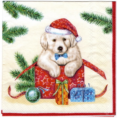 แนวภาพคริสต์มาส หมาใส่หมวกแซนต้า Dog Santa Hat เป็นภาพครึ่งแผ่น กระดาษแนพกิ้นสำหรับทำงาน เดคูพาจ Decoupage Paper Napkins ขนาด 33X33cm