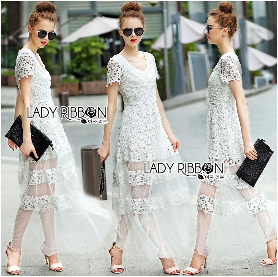พร้อมส่ง เดรสยาวผ้าลูกไม้สีขาวตัดต่อผ้าทูลล์