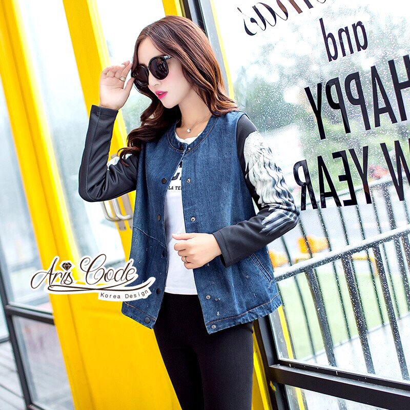 พร้อมส่ง แจ็คเก็ตยีนส์ แขนลายปีกนก