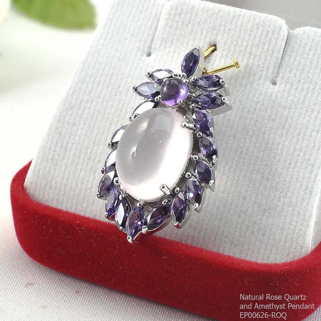 SKJewelryFactory EP00626-ROQ จีพลอยโรสควอท์แท้ดีไซน์ลายใบไม้ จี้เงินแท้พลอยแท้เจียรนัยล้อมเพชรสีม่วง