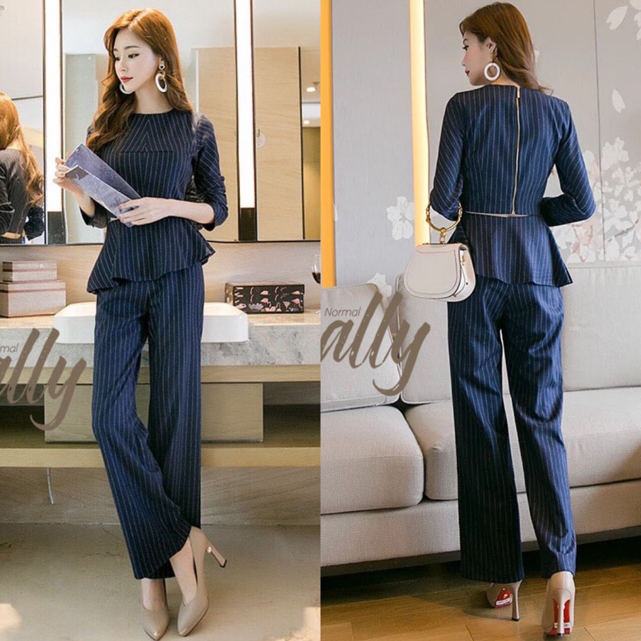เสื้อผ้าเกาหลี พร้อมส่ง เสื้อครอปกับกางเกงระบายรอบเอว