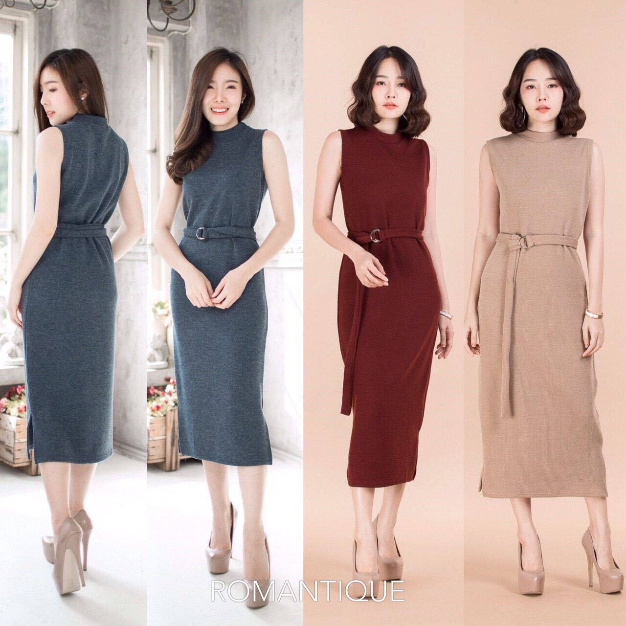 เดรสเกาหลี พร้อมส่ง เดรสแขนกุดยาว ผ่าข้าง