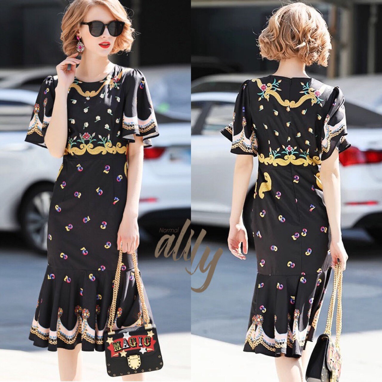 ชุดเดรสเกาหลี พร้อมส่ง เดรสยาว ผ้าใส่สบาย พิมลายสวย