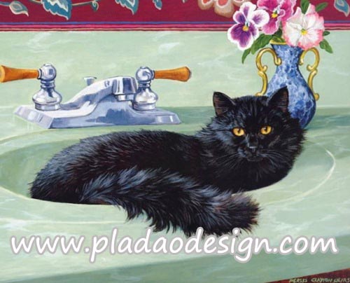 กระดาษสาพิมพ์ลาย สำหรับทำงาน เดคูพาจ Decoupage แนวภาำพ เจ้าแมวน้อยตัวดำนอนสบายๆอยู่บนอ่างล้างหน้าหินอ่อนสีเชียว