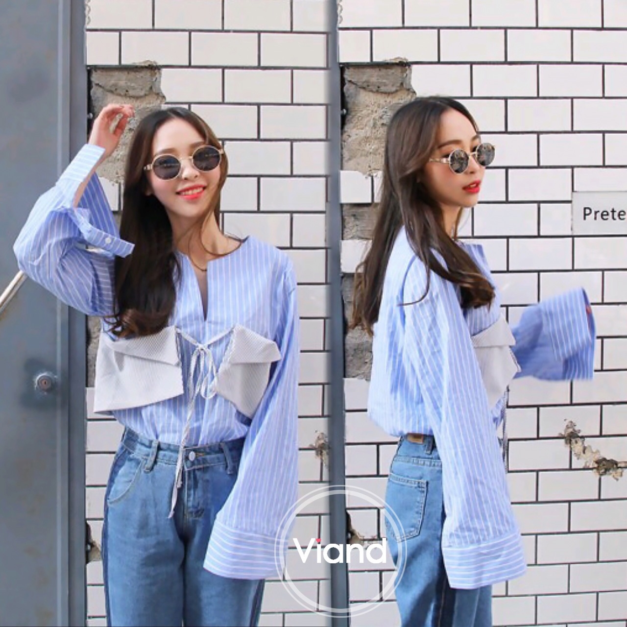 เสื้อเกาหลี พร้อมส่ง เสื้อเชิ้ต เนื้อผ้าโพลีลายริ้ว