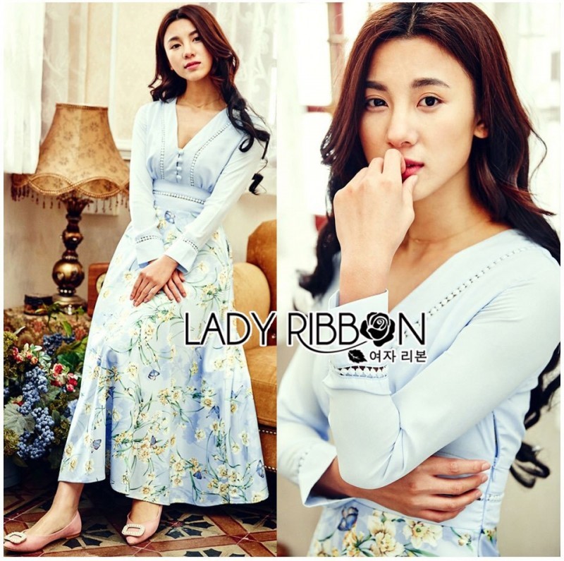 ชุดเดรสเกาหลี พร้อมส่ง เดรสยาว ลายดอกไม้สีฟ้า สไตล์วินเทจ