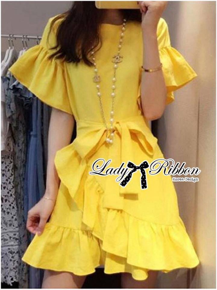 พร้อมส่ง เดรสผ้าคอตตอนสีเหลืองเลมอน