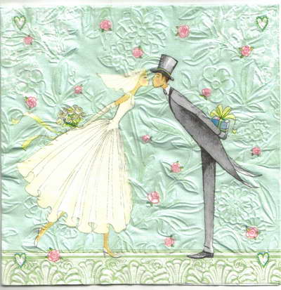 แนวภาพ Wedding เจ้าบ่าวเจ้าสาว จูกกัน ลายนูน เป็นภาพบล็อต 4 กระดาษแนพกิ้นสำหรับทำงาน เดคูพาจ Decoupage Paper Napkins ขนาด 33X33cm
