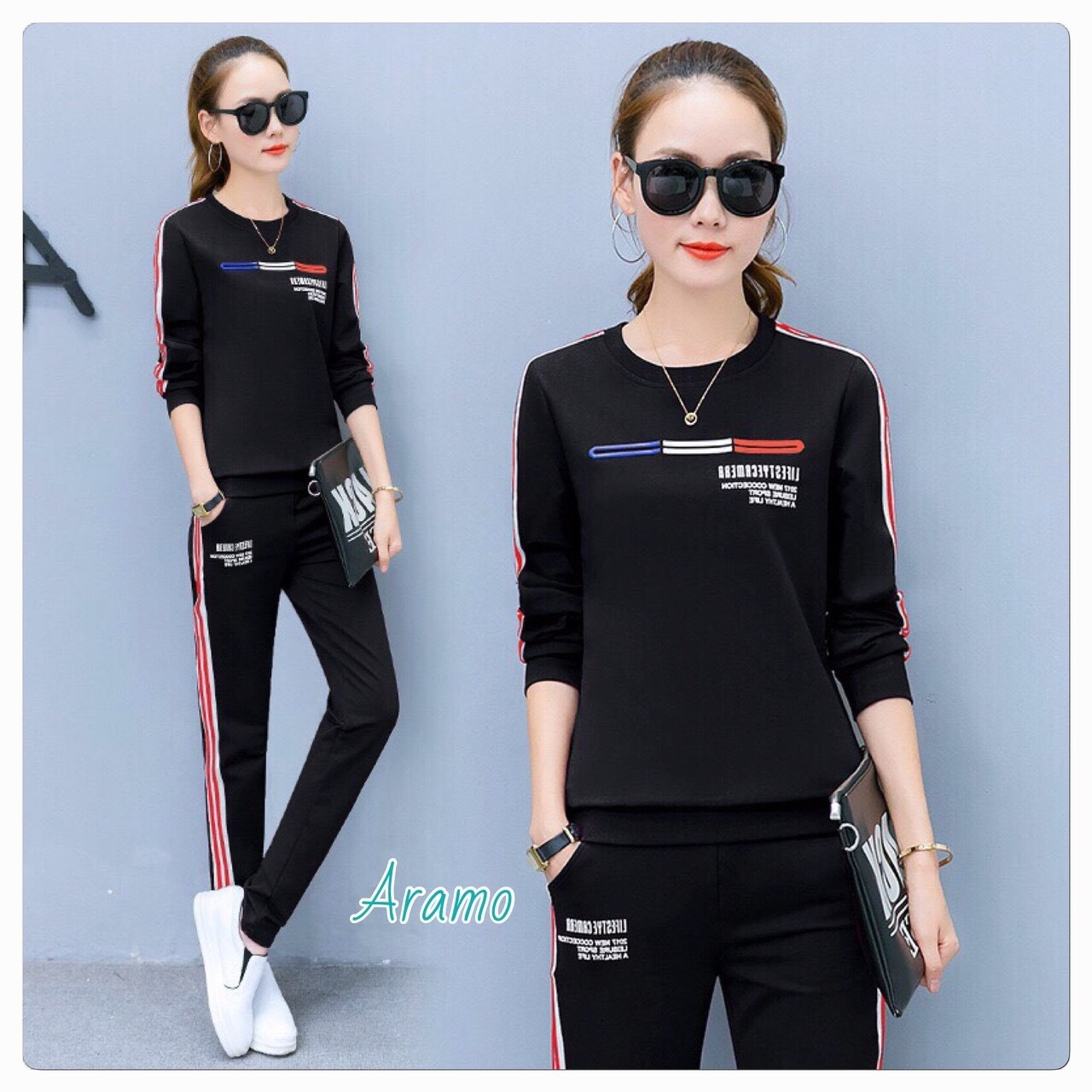 เสื้อผ้าเกาหลี พร้อมส่ง เสื้อกับกางเกง ผ้ายืดSpen dex