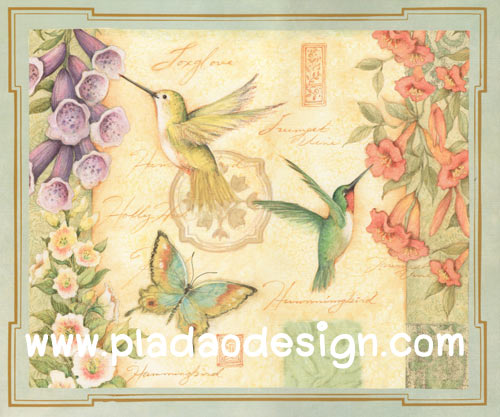 กระดาษสาพิมพ์ลาย สำหรับทำงาน เดคูพาจ Decoupage แนวภาำพ ภาพวาดสีหวาน นก 2ตัว ผีเสื้อ 1 ตัว บินแยกย้ายกันไปหาน้ำหวานในเกสรดอกไม้กิน ภาพในกรอบแบบหลุยส์ (ปลาดาวดีไซน์)