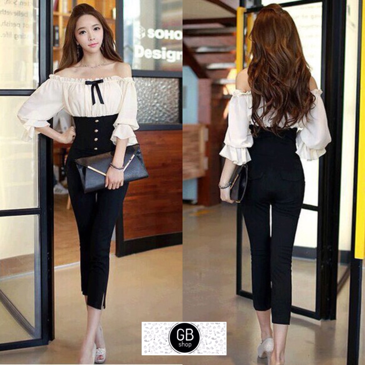 เสื้อผ้าเกาหลี พร้อมส่ง จัมพ์สูทกางเกง เสื้อเปิดไหล่