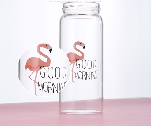 ขวดแก้วน้ำ นกฟลามิงโก้ สุดเก๋ +ปลอกถุงหิ้ว ขนาด 500 ml.สีชมพู พกพาได้