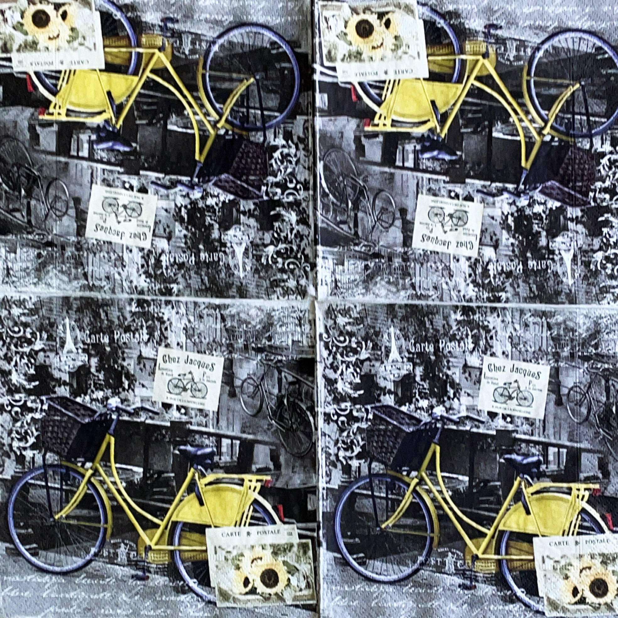 แนวภาพคลาสสิค กับจักรยานสีเหลือง กระดาษแนพกิ้นสำหรับทำงาน เดคูพาจ Decoupage Paper Napkin เป็นภาพ 4 บล๊อค ขนาด 33X33cm