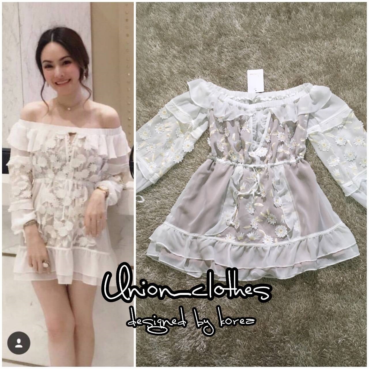 ชุดเดรสเกาหลี พร้อมส่ง เดรสสั้น แขนบอลลูน เปิดไหล่