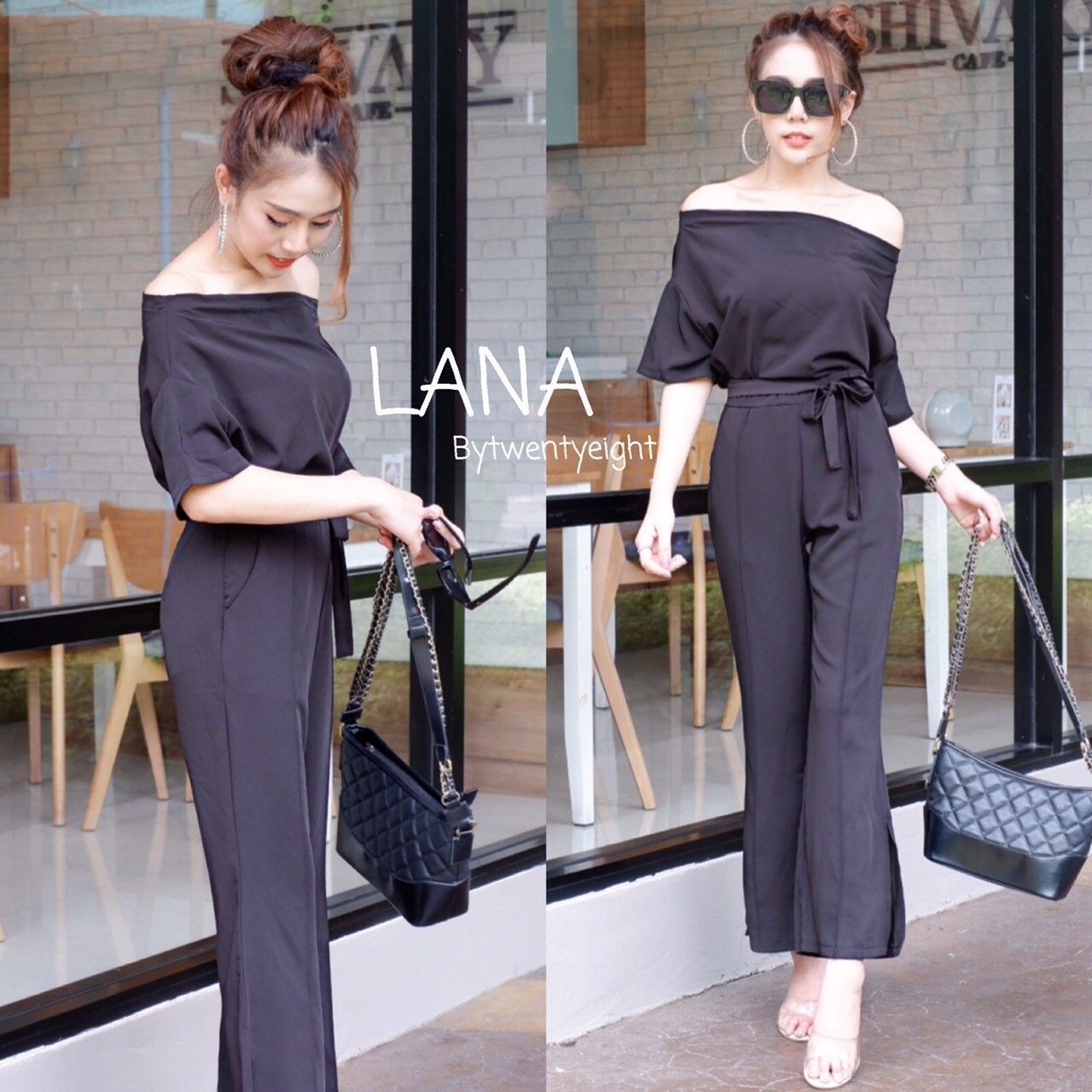 เสื้อผ้าเกาหลี พร้อมส่ง เสื้อปาดไหล่ เอวเฉียง+กางเกงขายาว
