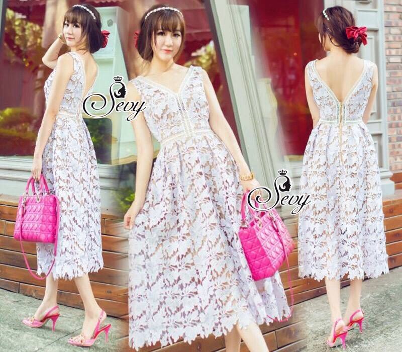 พร้อมส่ง เดรสยาวครึ่งน่องคอวีแขนกุ๊ด เนื้อลูกไม้ฝรั่งเศษ
