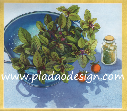 กระดาษสาพิมพ์ลาย สำหรับทำงาน เดคูพาจ Decoupage แนวภาำพ ภาพวาด ต้นมิ้นหรือใบสะระแหน่อยู่ในหม้อไฟเตรียมทำสลัด (ปลาดาวดีไซน์)